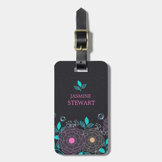 Pink & Jade Hand Drawn Flowers Luggage Tag (Front Vertical)
