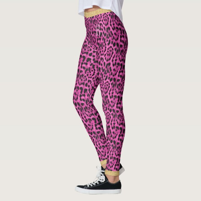 Pink Jaguar Skin Print Gold Glitter Chic Monogram Leggings (Left)