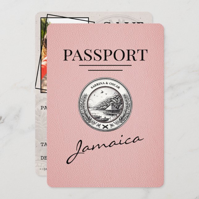 Pink Jamaica Passport Save The Date (Front/Back)