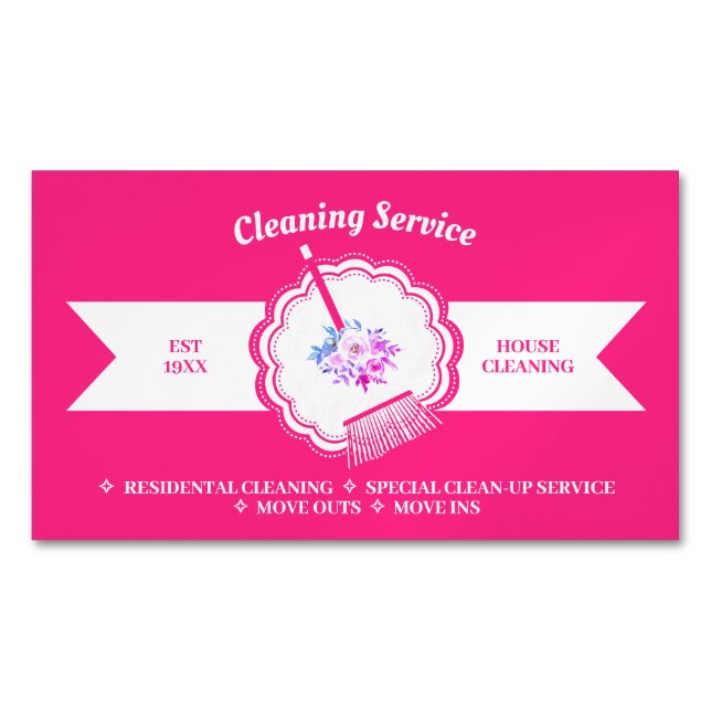 Pink Janitorial Calligraphic Housekeeping Cleaning Magnetic Business Card (Front)