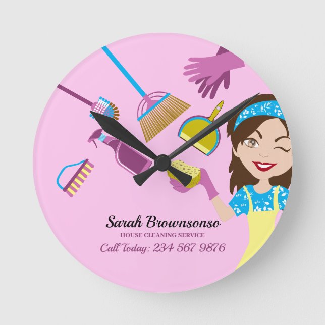 Pink Janitorial LAdy Cleaning Professional Round Clock (Front)