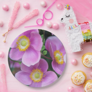 Pink Japanese Anemones Floral Paper Plate