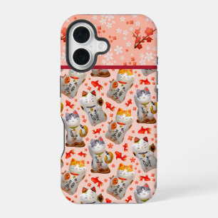 Pink Japanese beckoning cats Maneki-neko cats iPhone 16 Case