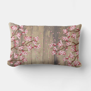 Pink Japanese Cherry Blossoms Branches Wood Lumbar Cushion