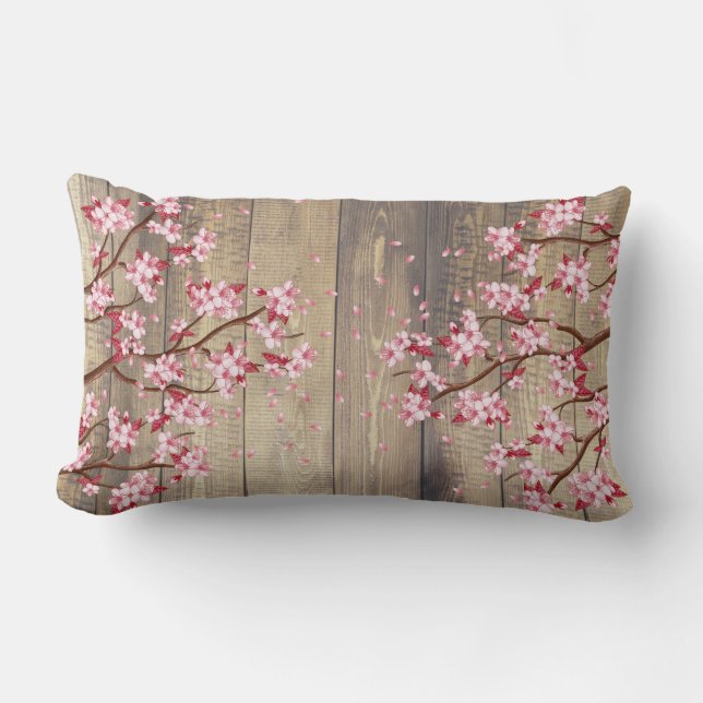 Pink Japanese Cherry Blossoms Branches Wood Lumbar Cushion (Front)