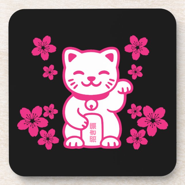 Pink Japanese Maneki-neko Coaster (Front)