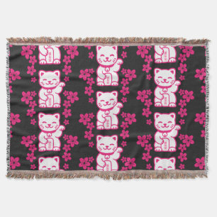Pink Japanese Maneki-neko Throw Blanket
