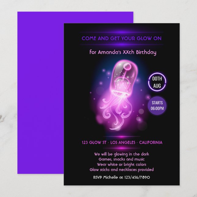 Pink Jellyfish Glow in the Dark Neon Party Invitation (Front/Back)