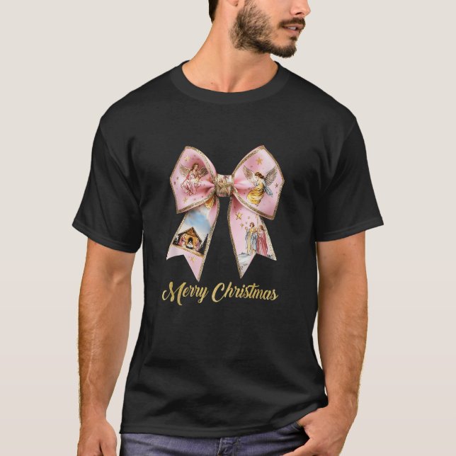Pink Jesus Merry Christmas Coquette Bow Christmas  T-Shirt (Front)