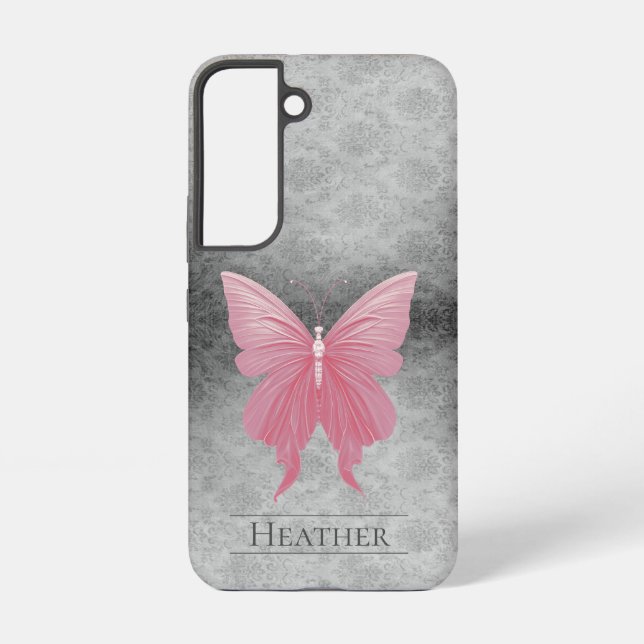 Pink Jewelled Butterfly Damask Samsung Galaxy S22 Case (Back)