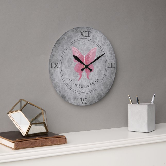 Pink Jewelled Butterfly Large Clock (Office)