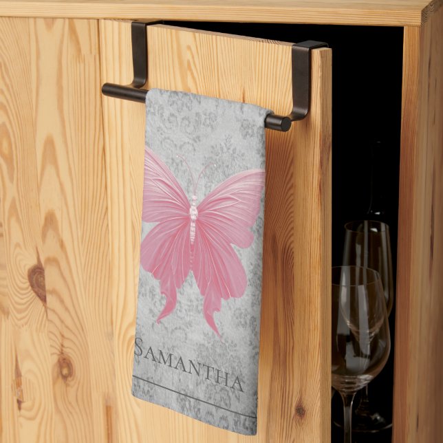 Pink Jewelled Butterfly Tea Towel (Thirds Fold)