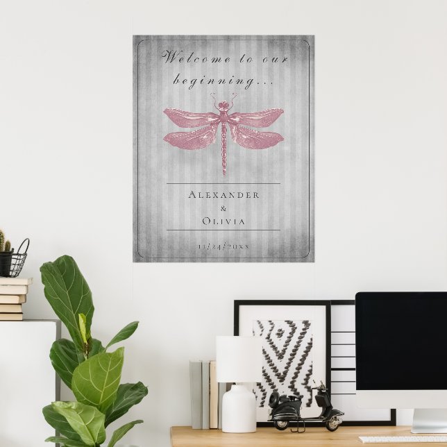 Pink Jewelled Dragonfly Wedding Welcome Poster (Home Office)