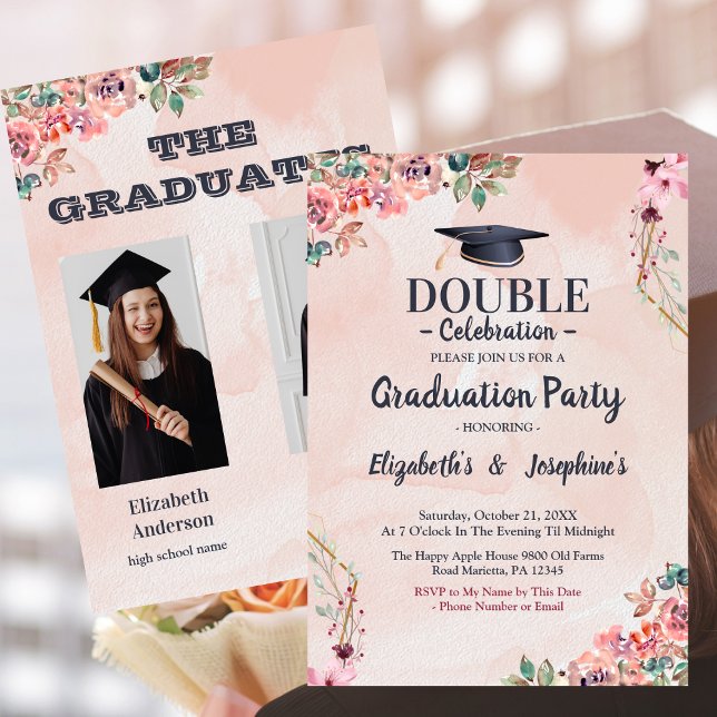 pink  joint Celebration Graduation Party 2 photos Invitation (Creator Uploaded)