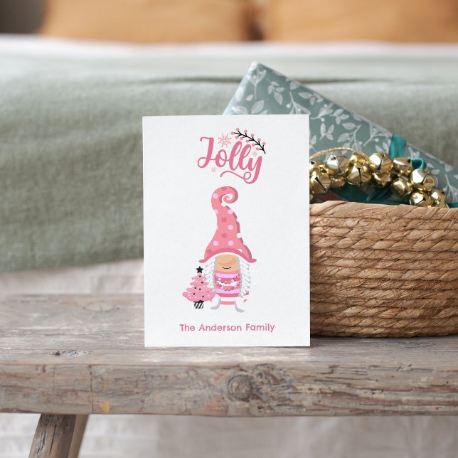 Pink Jolly Girl Gnome Holiday Card – Custom Family (Pink Christmas Girl Gnome With Winer Hat Jolly Holiday Card - Personalized Festive Greeting)