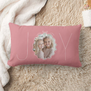 Pink JOY Simple Bow Wavy Photo Christmas Lumbar Cushion