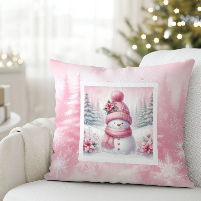 Pink Joy Snowman Cute Winter Scene Decor Pillow (Pink Joy Snowman Cute Winter Scene Decor Pillow)