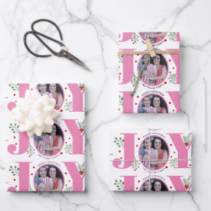 Pink Joy with berries Christmas holiday photo Wrapping Paper Sheet