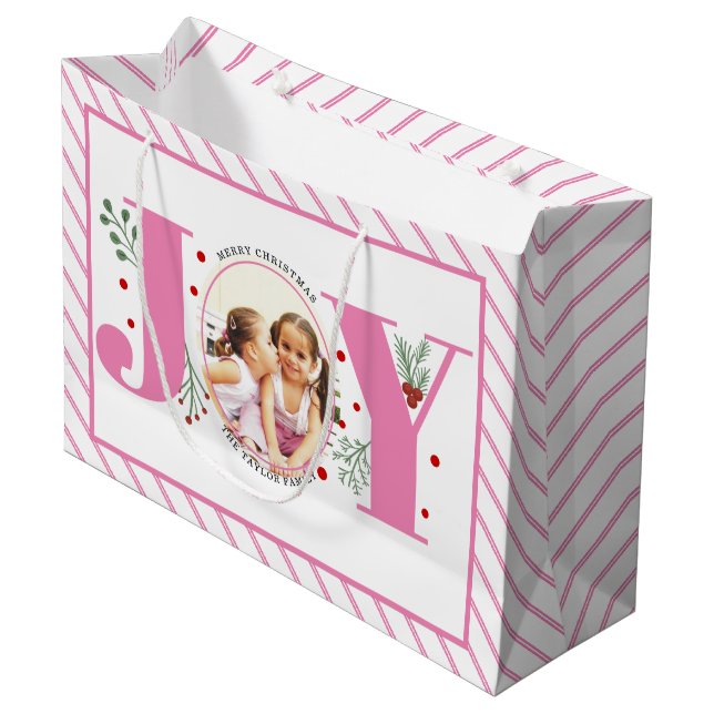 Pink Joy with berries Christmas photo and stripes Large Gift Bag (Front Angled)
