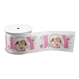 Pink Joy with berries Christmas photo Satin Ribbon