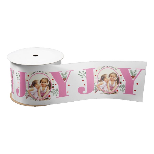 Pink Joy with berries Christmas photo Satin Ribbon (Spool)