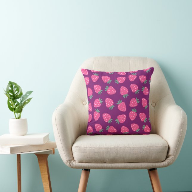 pink juicy strawberry pattern purple background cushion (Chair)