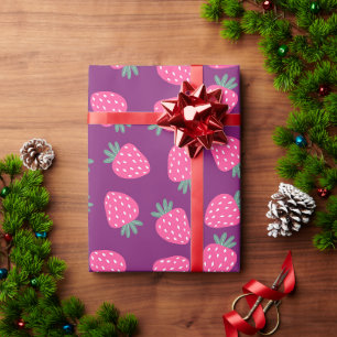 pink juicy strawberry pattern purple background wrapping paper