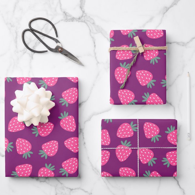 pink juicy strawberry pattern purple background wrapping paper sheet (Front)