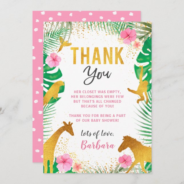 Pink Jungle Animals Baby Shower Thank You Card (Front/Back)