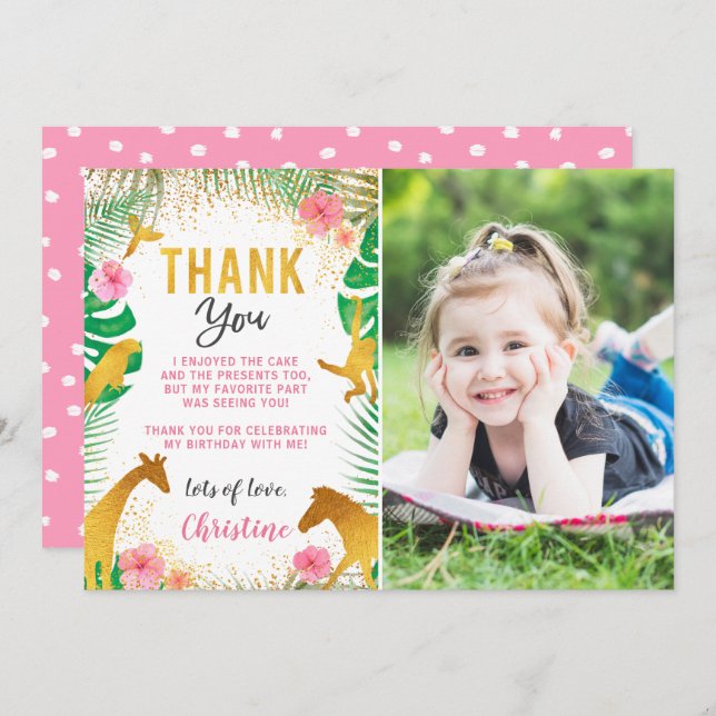 Pink Jungle Animals Photo Birthday Thank You Card (Front/Back)