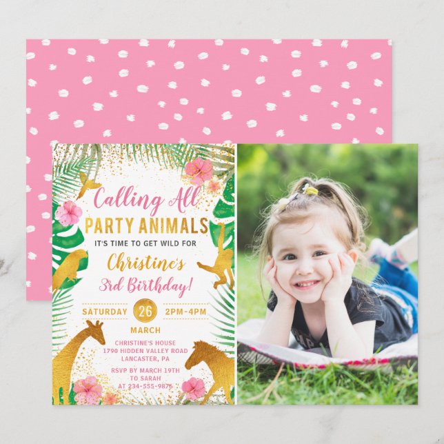 Pink Jungle Animals Safari Girls Photo Birthday Invitation (Front/Back)