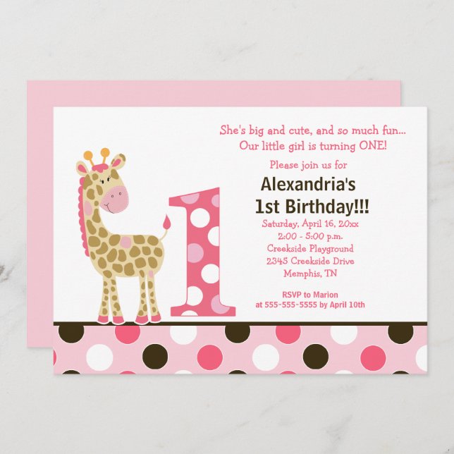 Pink Jungle Giraffe 1st Birthday Invitation 5x7 (Front/Back)