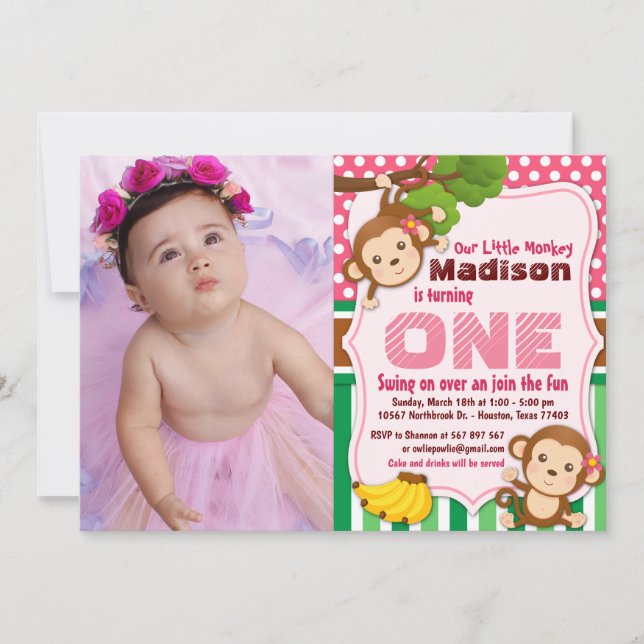 Pink Jungle Monkey Safari Girl Birthday Photo Invitation (Front)