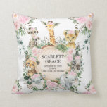 Pink Jungle Safari Animal Birth Stats Girl Nursery Cushion<br><div class="desc">Cute safari themed cushion featuring adorable jungle animals,  pretty pink flowers and rustic botanical greenery. Personalise the cushion with your baby's birth stats / details.</div>