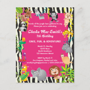 Pink Jungle Safari in Zebra Print Birthday Invitation