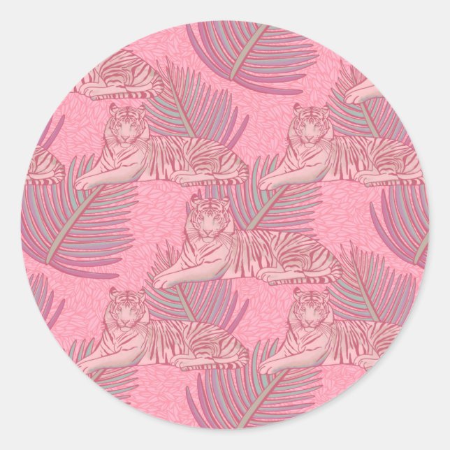 Pink Jungle Tiger Pattern Classic Round Sticker (Front)