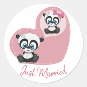 Pink Just Married Panda Teddy Bear Heart Wedding Classic Round Sticker
