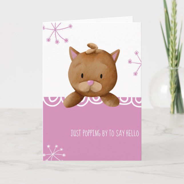 Pink Just Popping To Say Hello Cute Cat  Card (Front)