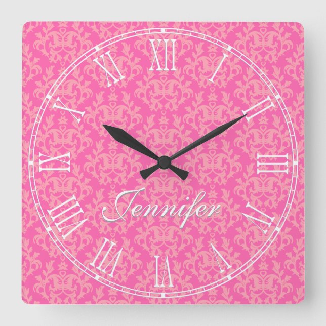Pink kangaroo paw & heart damask name wall clock (Front)