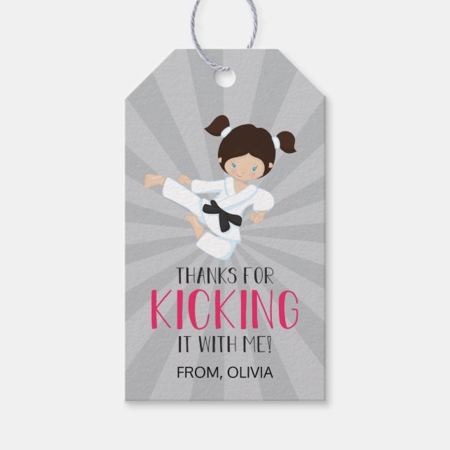 Pink Karate Girl Birthday Gift Tags (Front)