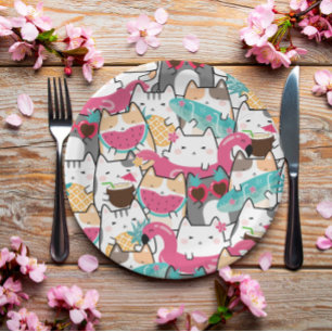 Pink Kawaii Cats Pool Party Birthday  Paper Plate