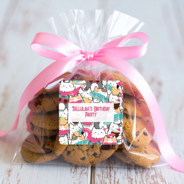 Pink Kawaii Cats Pool Party Birthday  Square Sticker (Creator Uploaded)