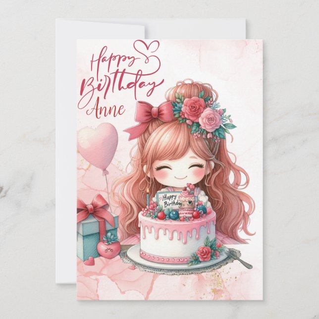 Pink Kawaii Girl Happy Birthday Greeting Card (Front)