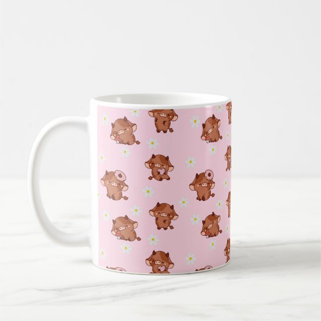 Pink Kawaii Highland Cows Seamless Pattern Coffee Mug (Left)