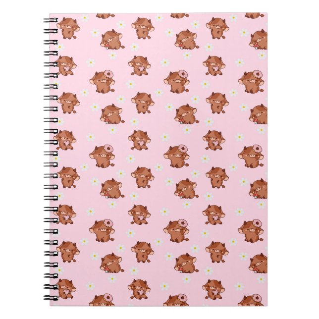 Pink Kawaii Highland Cows Seamless Pattern Notebook (Front)