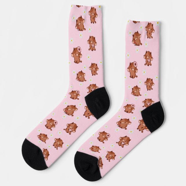 Pink Kawaii Highland Cows Seamless Pattern Socks (Left)