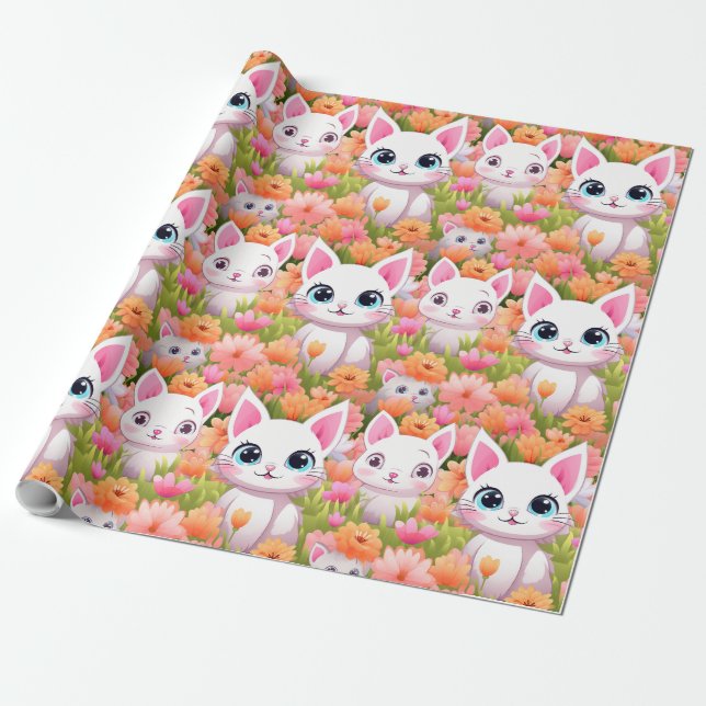 Pink Kawaii Kitty  Wrapping Paper (Unrolled)