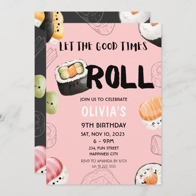 Pink Kawaii Sushi Sashimi Kids Girl Adult Birthday Invitation (Front/Back)