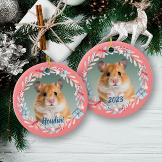 Pink Keepsake Photo Holiday Wreath Ceramic Ornament