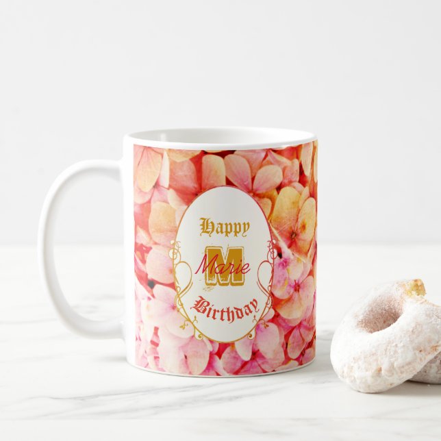 Pink Keepsake Typography Elegant Happy Birthday Coffee Mug (With Donut)